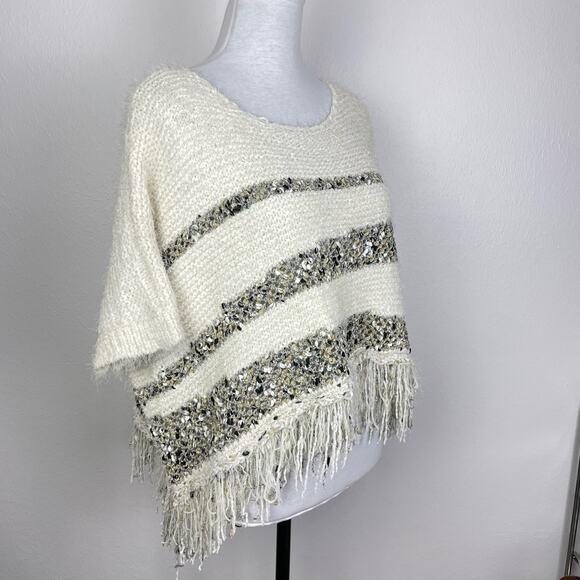 Moth | Anthropologie NWT White Soft Chunky Knit Metallic Stripe Fringe Sweater - Picture 4 of 12